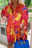 Red Fashion Casual Print Basic Turndown Collar Long Sleeve Dresses