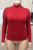 Red Casual Solid Patchwork Turtleneck Plus Size Tops