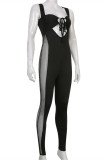 Black Sexy Casual Patchwork Bandage See-through Square Collar Skinny Jumpsuits