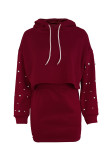 Burgundy Fashion Casual Solid Beading Hooded Collar Long Sleeve Two Pieces
