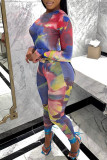 Blue Sexy Casual Print Tie Dye See-through O Neck Long Sleeve Two Pieces