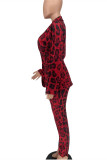 Burgundy Fashion Casual Print Cardigan Pants Turndown Collar Long Sleeve Two Pieces