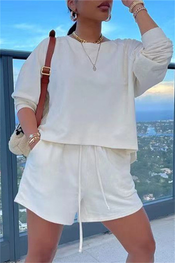 White Fashion Casual Solid Basic O Neck Long Sleeve Two Pieces
