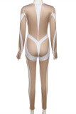 Khaki Fashion Sexy Patchwork See-through O Neck Skinny Jumpsuits