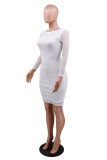 White Fashion Casual Hot Drilling Patchwork O Neck Long Sleeve Dresses