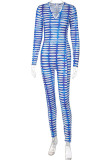Blue Fashion Casual Print Basic V Neck Skinny Jumpsuits