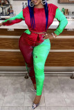 Red Green Casual Print Patchwork O Neck Long Sleeve Two Pieces