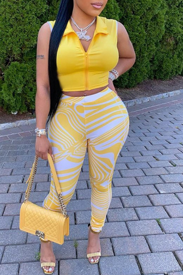 Yellow Street Print Patchwork Turndown Collar Sleeveless Two Pieces