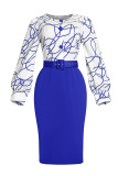 Red Celebrities Print Patchwork Buttons O Neck Pencil Skirt Dresses