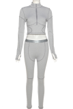 Grey Sexy Solid Patchwork Zipper Collar Long Sleeve Two Pieces