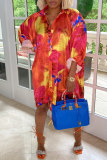 Red Fashion Casual Print Basic Turndown Collar Long Sleeve Dresses