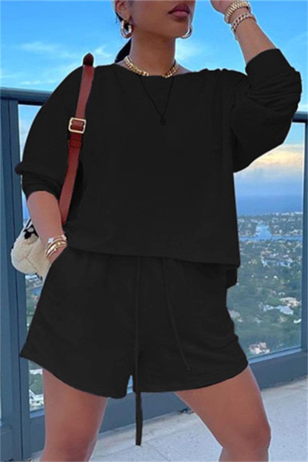 Black Fashion Casual Solid Basic O Neck Long Sleeve Two Pieces