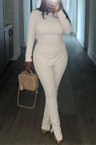 Cream White Fashion Casual Solid Slit O Neck Long Sleeve Two Pieces