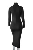 Red Fashion Casual Solid Basic Turtleneck Long Sleeve Dresses