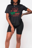 Black Street Party Print Patchwork Letter O Neck T-Shirts