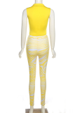 Yellow Street Print Patchwork Turndown Collar Sleeveless Two Pieces