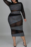 Black Fashion Sexy Patchwork See-through O Neck Long Sleeve Plus Size Dresses