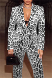 Burgundy Fashion Casual Print Cardigan Pants Turndown Collar Long Sleeve Two Pieces