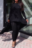 Black Fashion Casual Solid Asymmetrical O Neck Long Sleeve Two Pieces