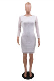 White Fashion Casual Hot Drilling Patchwork O Neck Long Sleeve Dresses