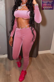 Pink Sexy Solid Hollowed Out Off the Shoulder Long Sleeve Two Pieces