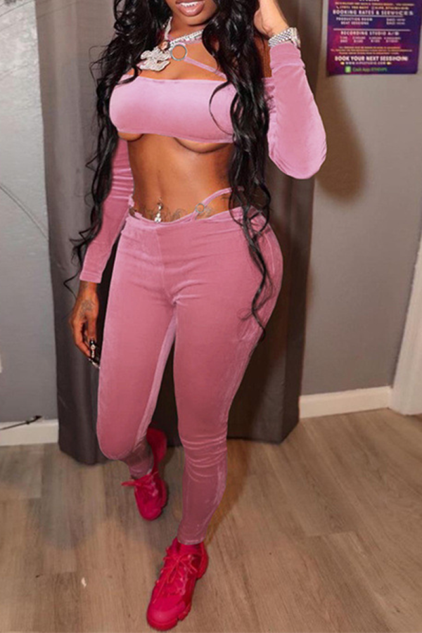 Pink Sexy Solid Hollowed Out Off the Shoulder Long Sleeve Two Pieces