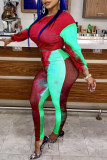 Red Green Casual Print Patchwork O Neck Long Sleeve Two Pieces
