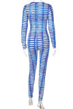 Blue Fashion Casual Print Basic V Neck Skinny Jumpsuits