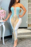 Multicolor Fashion Sexy Patchwork Hollowed Out Fold Strapless Skinny Jumpsuits