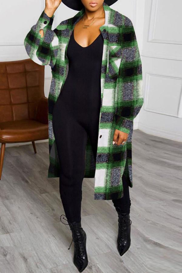 Green Casual Plaid Patchwork Turndown Collar Outerwear