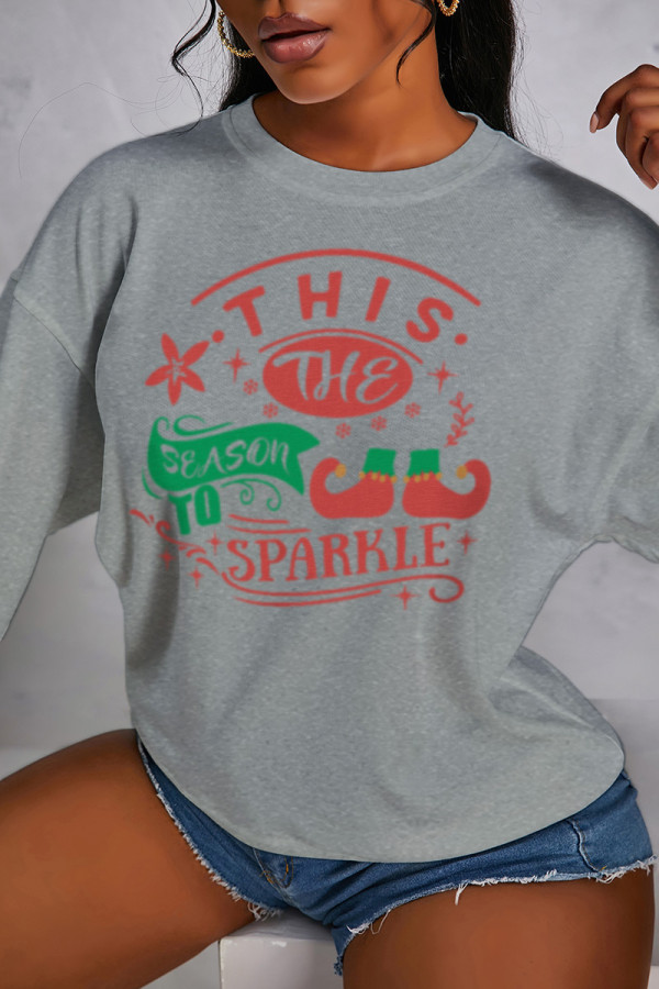 Grey Casual Party Print Patchwork O Neck Tops
