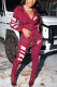 Wine Red Fashion Casual Print Basic Zipper Collar Long Sleeve Two Pieces