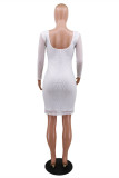 White Fashion Casual Hot Drilling Patchwork O Neck Long Sleeve Dresses