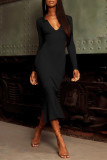 Orange Fashion Casual Solid Patchwork V Neck Long Sleeve Dresses