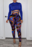 Blue Sexy Print Bandage Split Joint O Neck Long Sleeve Two Pieces