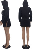 Black Casual Street Letter Print Patchwork Slit Hooded Collar Long Sleeve Dresses