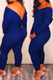 Deep Blue Casual Cross-over Design Two-piece Pants Set