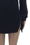 Black Casual Street Letter Print Patchwork Slit Hooded Collar Long Sleeve Dresses