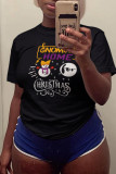 Navy Blue Casual Party Print Patchwork Letter O Neck T-Shirts