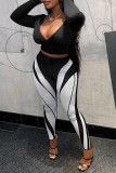 Black Fashion Casual Print Basic V Neck Long Sleeve Two Pieces