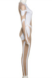 Khaki Fashion Sexy Patchwork See-through O Neck Skinny Jumpsuits