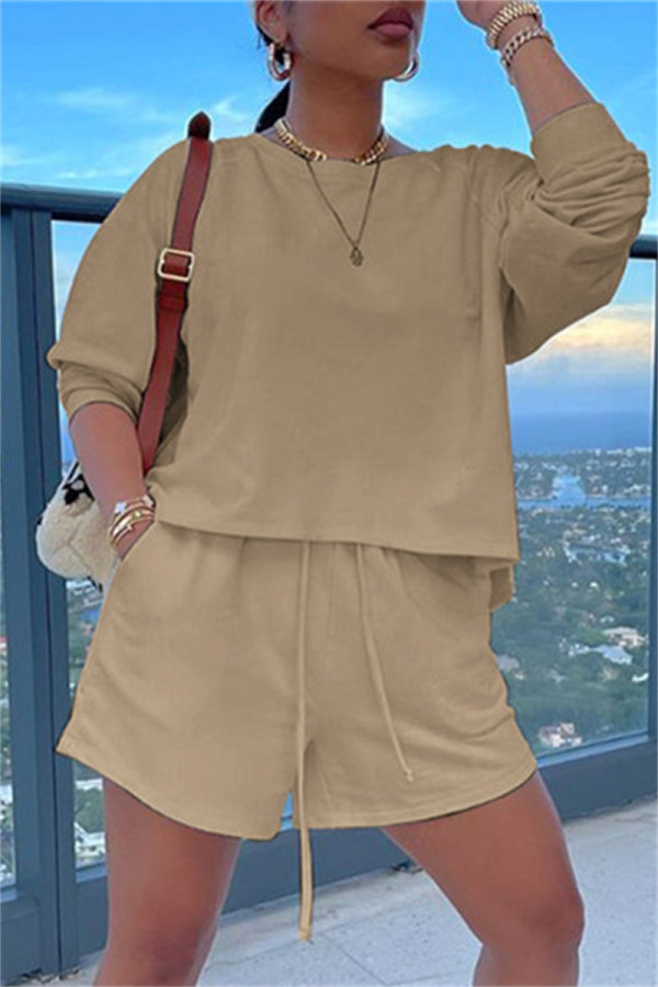 Khaki Fashion Casual Solid Basic O Neck Long Sleeve Two Pieces