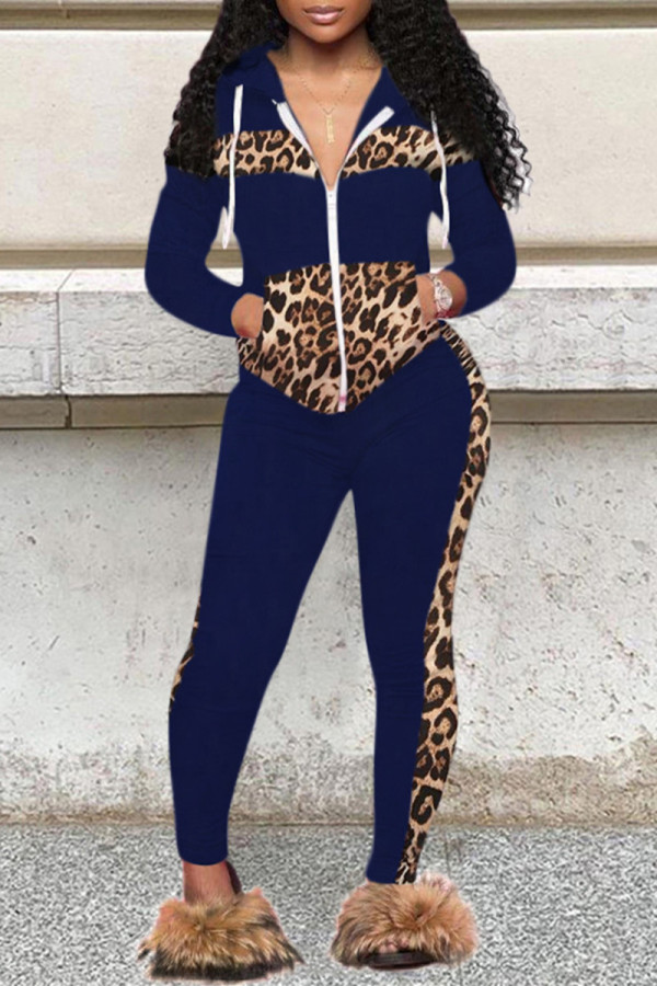 Dark Blue Fashion Casual Print Patchwork Zipper Collar Long Sleeve Two Pieces