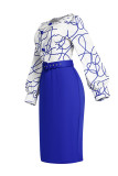 Red Celebrities Print Patchwork Buttons O Neck Pencil Skirt Dresses