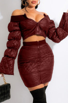 Burgundy Fashion Casual Solid Split Joint Zipper Collar Long Sleeve Two Pieces