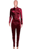 Wine Red Sexy Solid Fold Zipper Collar Long Sleeve Two Pieces