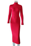 Red Fashion Casual Solid Basic Turtleneck Long Sleeve Dresses