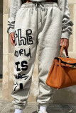 Grey Fashion Casual Letter Print Basic Regular Mid Waist Trousers