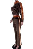 Deep Coffee Casual Solid Patchwork Zipper Zipper Collar Long Sleeve Two Pieces