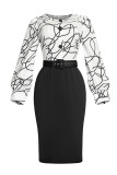 Red Celebrities Print Patchwork Buttons O Neck Pencil Skirt Dresses